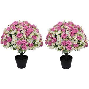 Set-2 Pink Artificial Flowers Blooms Eucalyptus Plants Cement Pots Accent Decor